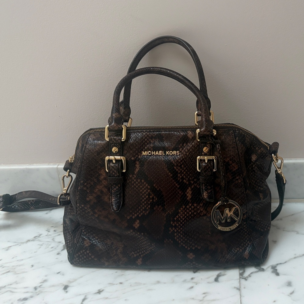 Michael Kors Dark Brown Python-Print Leather Satchel with Gold Hardware